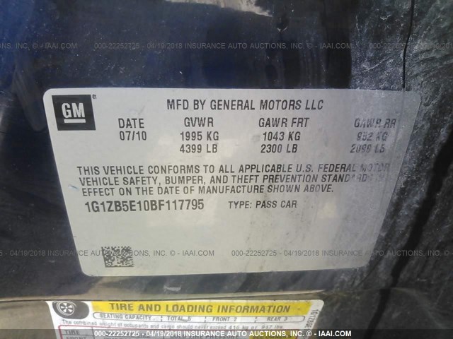 1G1ZB5E10BF117795 - 2011 CHEVROLET MALIBU LS Mavi foto 9