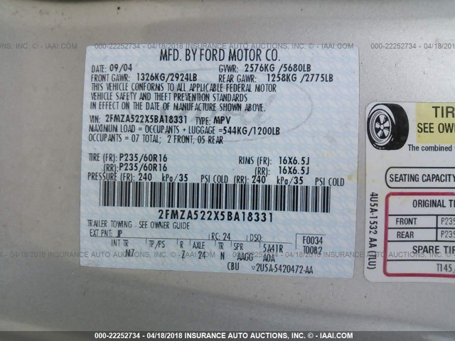 2FMZA522X5BA18331 - 2005 FORD FREESTAR SEL SILVER photo 9