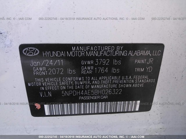 5NPDH4AE5BH026322 - 2011 HYUNDAI ELANTRA GLS/LIMITED WHITE photo 9