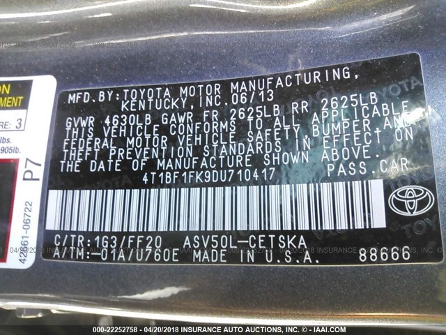 4T1BF1FK9DU710417 - 2013 TOYOTA CAMRY L/SE/LE/XLE 黑色 照片 9