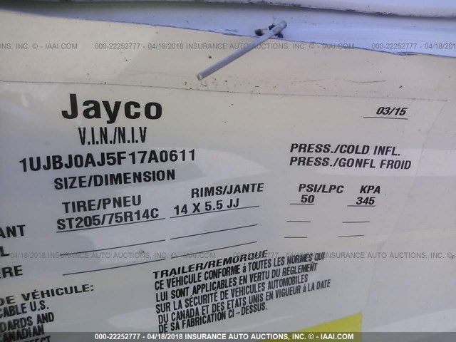 1UJBJ0AJ5F17A0611 - 2015 JAYCO JAY FLIGHT  WHITE photo 9