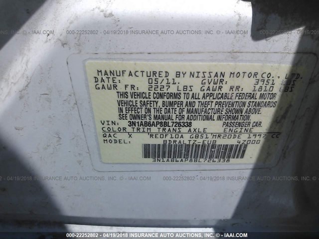 3N1AB6AP8BL726338 - 2011 NISSAN SENTRA 2.0/2.0S/SR/2.0SL WHITE photo 9