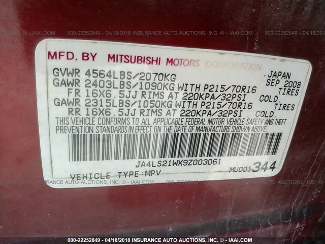 JA4LS21WX9Z003061 - 2009 MITSUBISHI OUTLANDER ES BURGUNDY photo 9