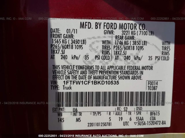 1FTFW1CF1BKD10535 - 2011 FORD F150 SUPERCREW RED photo 9