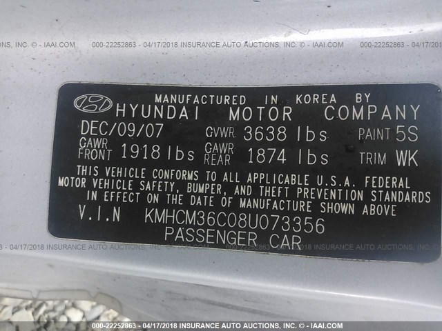 KMHCM36C08U073356 - 2008 HYUNDAI ACCENT GS SILVER photo 9