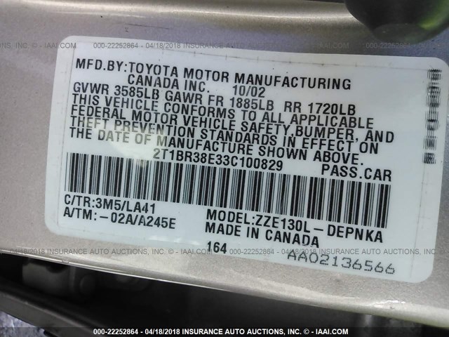 2T1BR38E33C100829 - 2003 TOYOTA COROLLA CE/LE/S TAN photo 9