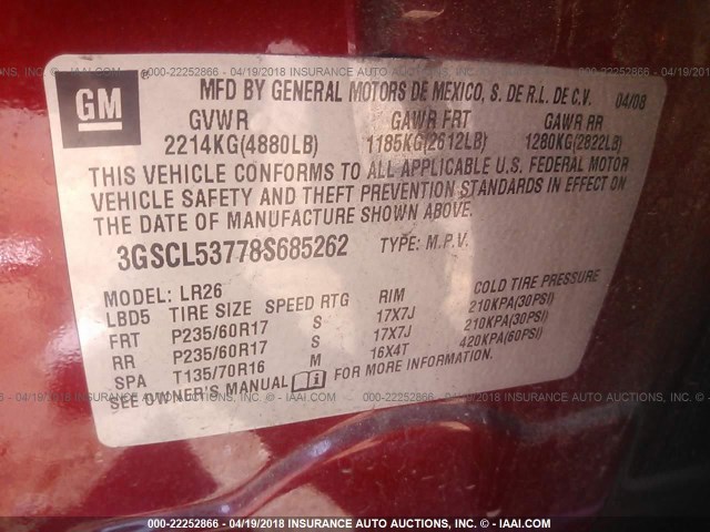 3GSCL53778S685262 - 2008 SATURN VUE XR BURGUNDY photo 9