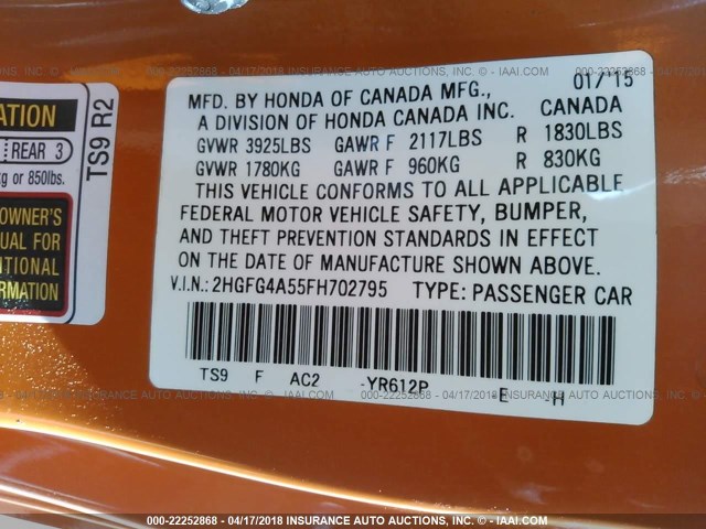 2HGFG4A55FH702795 - 2015 HONDA CIVIC SI ORANGE photo 9