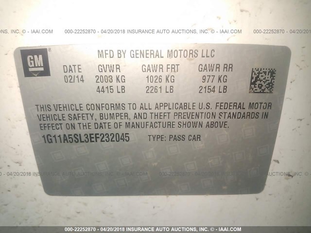 1G11A5SL3EF232045 - 2014 CHEVROLET MALIBU LS თეთრი ფოტო 9