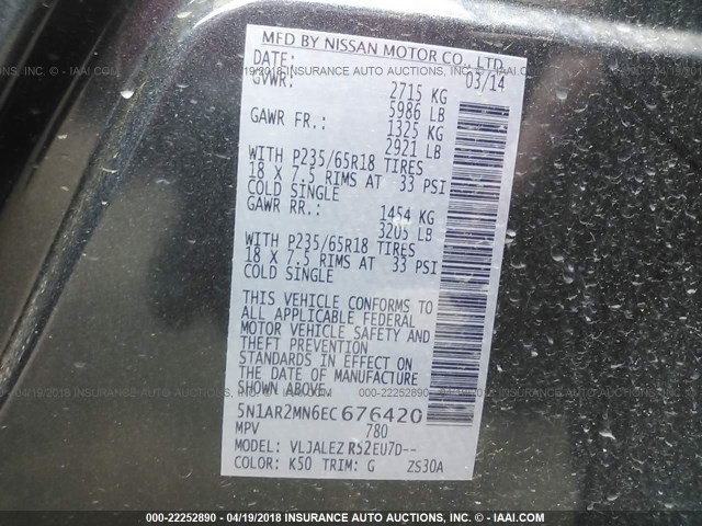 5N1AR2MN6EC676420 - 2014 NISSAN PATHFINDER S/SV/SL/PLATINUM 蓝色 照片 9