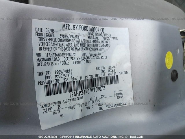 1FAHP34N07W108072 - 2007 FORD FOCUS ZX4/S/SE/SES 银色 照片 9