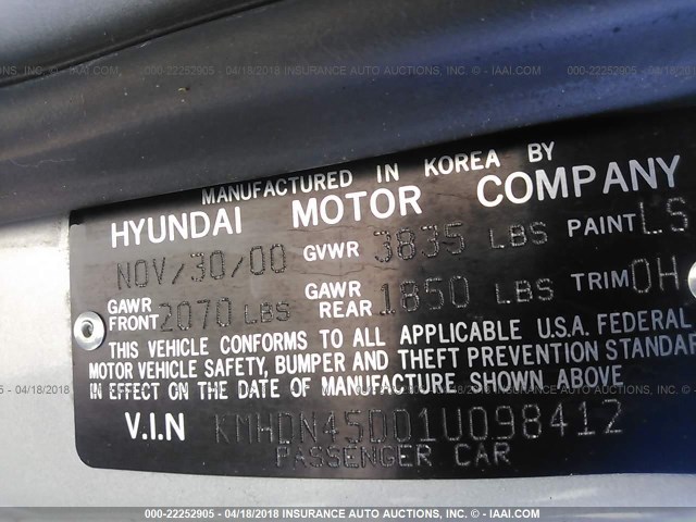 KMHDN45D01U098412 - 2001 HYUNDAI ELANTRA GLS/GT SILVER photo 9