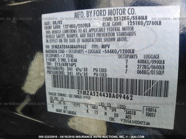 2FMZA52443BA09462 - 2003 FORD WINDSTAR SE BLUE photo 9