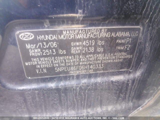 5NPEU46F06H140333 - 2006 HYUNDAI SONATA GLS/LX BLUE photo 9