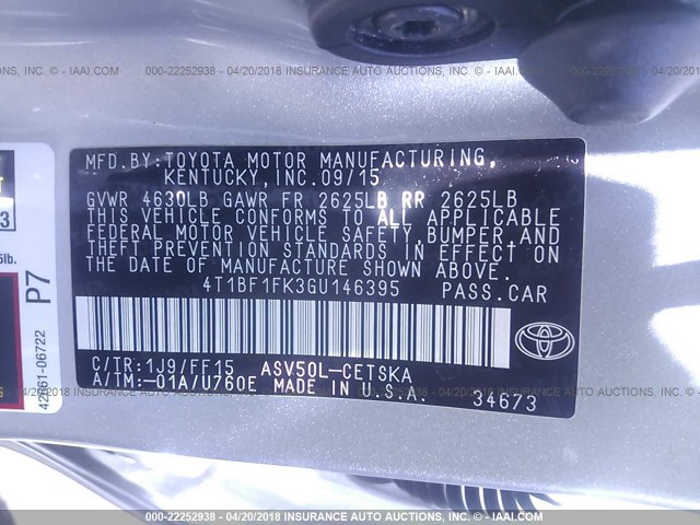 4T1BF1FK3GU146395 - 2016 TOYOTA CAMRY LE/XLE/SE/XSE ვერცხლისფერი ფოტო 9