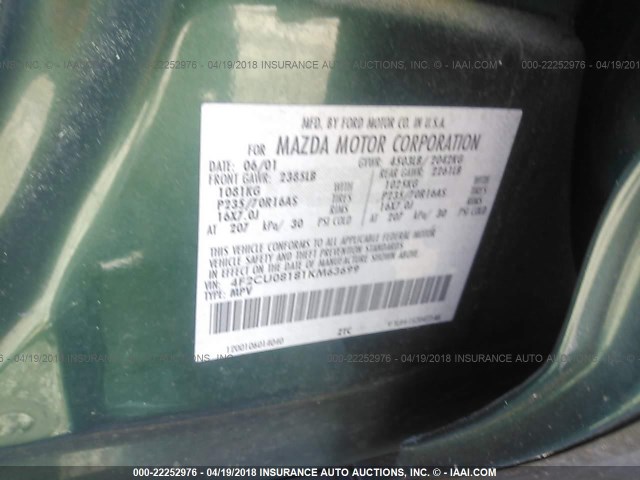 4F2CU08181KM63699 - 2001 MAZDA TRIBUTE LX/ES 绿色 照片 9