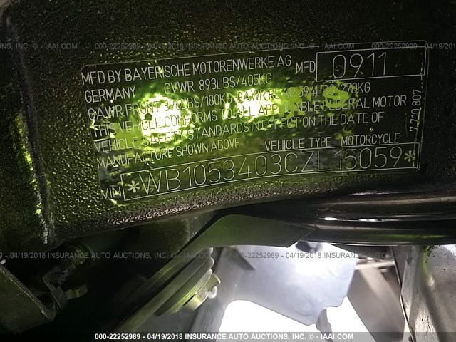WB1053403CZL15059 - 2012 BMW S 1000 RR BLACK photo 10