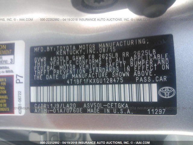 4T1BF1FKXGU128475 - 2016 TOYOTA CAMRY LE/XLE/SE/XSE SILVER photo 9
