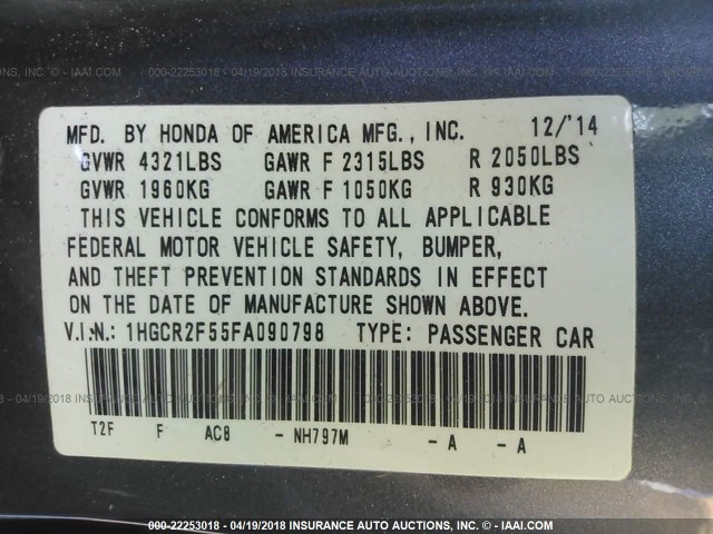 1HGCR2F55FA090798 - 2015 HONDA ACCORD SPORT GRAY photo 9