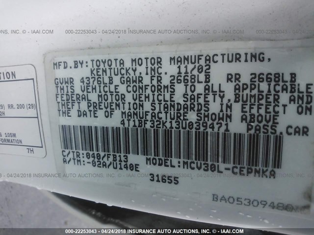 4T1BF32K13U039471 - 2003 TOYOTA CAMRY LE/XLE/SE თეთრი ფოტო 9