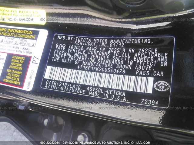 4T1BF1FK2CU540478 - 2012 TOYOTA CAMRY SE/LE/XLE BLACK photo 9