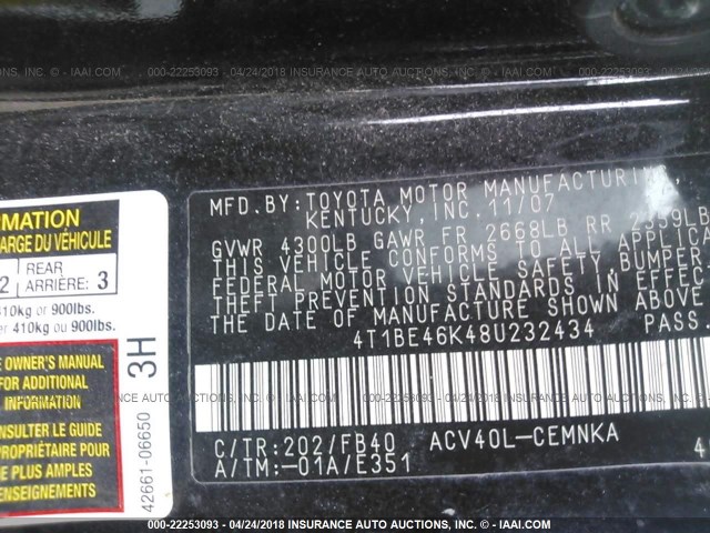 4T1BE46K48U232434 - 2008 TOYOTA CAMRY CE/LE/XLE/SE BLACK photo 9