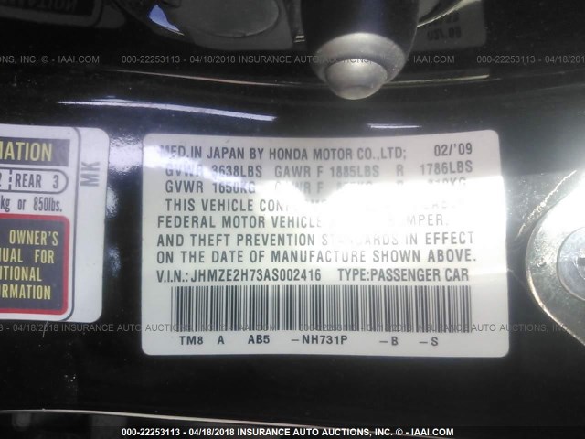 JHMZE2H73AS002416 - 2010 HONDA INSIGHT EX BLACK photo 9