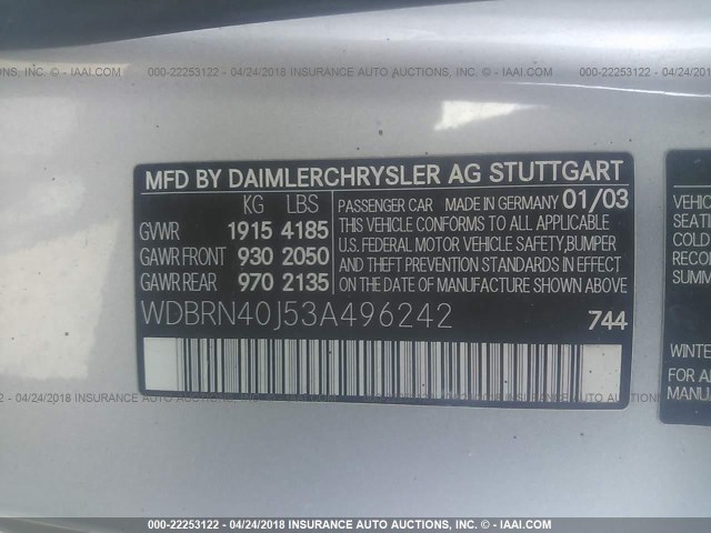 WDBRN40J53A496242 - 2003 MERCEDES-BENZ C 230K SPORT COUPE SILVER photo 9