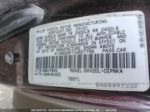 4T1BG22K71U827756 - 2001 TOYOTA CAMRY CE/LE/XLE 红色 照片 9