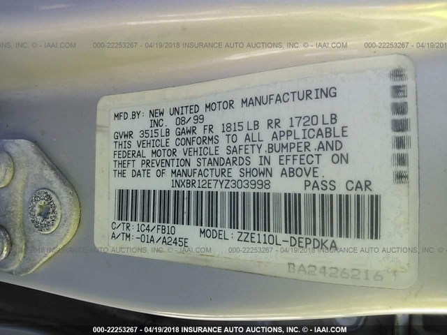 1NXBR12E7YZ303998 - 2000 TOYOTA COROLLA VE/CE/LE 银色 照片 9