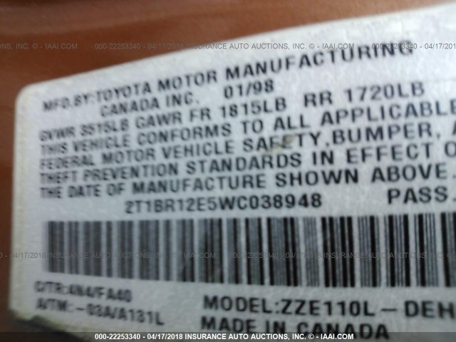 2T1BR12E5WC038948 - 1998 TOYOTA COROLLA VE/CE/LE 橙色 照片 9