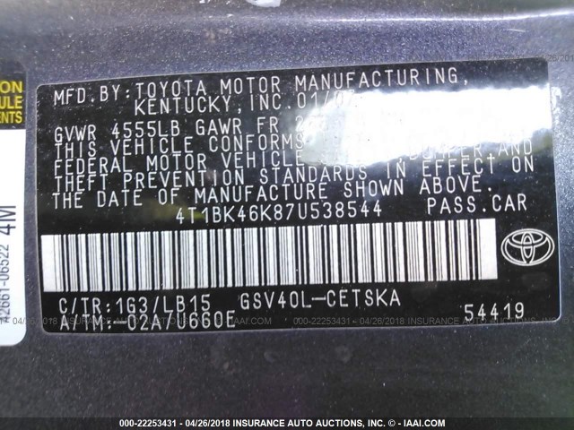 4T1BK46K87U538544 - 2007 TOYOTA CAMRY NEW GENERAT LE/XLE/SE GRAY photo 9