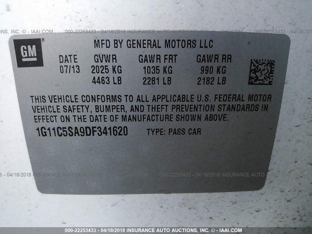 1G11C5SA9DF341620 - 2013 CHEVROLET MALIBU 1LT 白色 照片 9