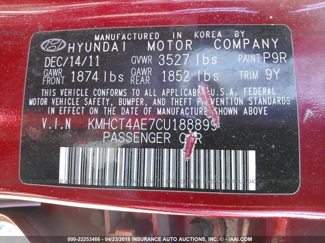 KMHCT4AE7CU188899 - 2012 HYUNDAI ACCENT GLS/GS RED photo 9