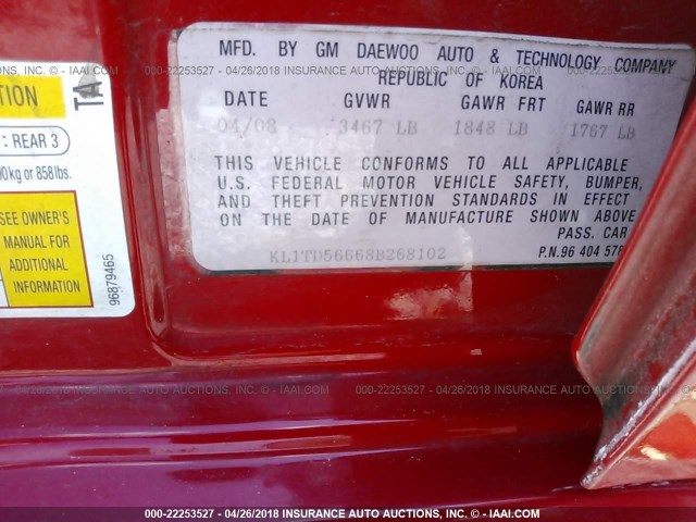 KL1TD56668B268102 - 2008 CHEVROLET AVEO LS RED photo 9