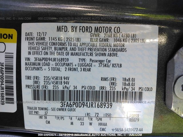 3FA6P0D94JR168939 - 2018 FORD FUSION TITANIUM/PLATINUM GRAY photo 9