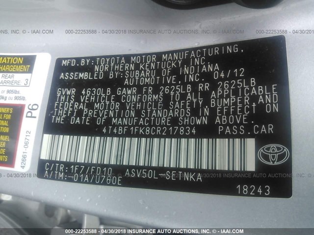 4T4BF1FK8CR217834 - 2012 TOYOTA CAMRY SE/LE/XLE 银色 照片 9