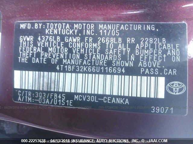 4T1BF32K66U116694 - 2006 TOYOTA CAMRY LE/XLE/SE წითელი ფოტო 9