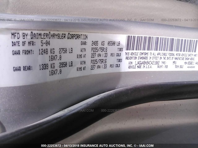 1J4GW48N94C421802 - 2004 JEEP GRAND CHEROKEE LAREDO/COLUMBIA/FREEDOM 银色 照片 9