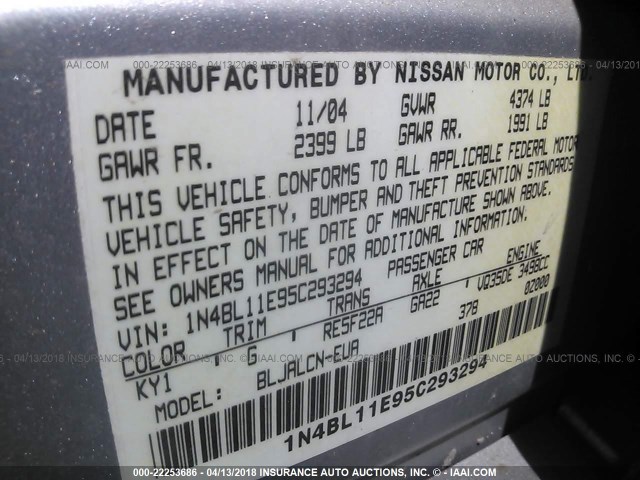 1N4BL11E95C293294 - 2005 NISSAN ALTIMA BLACK photo 9