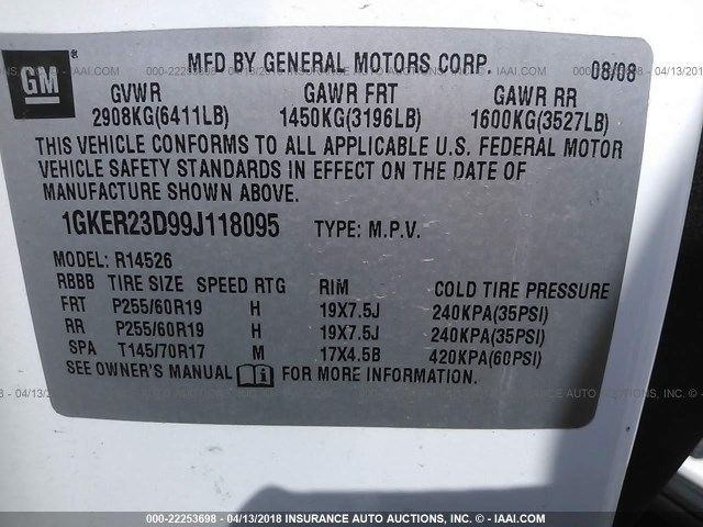 1GKER23D99J118095 - 2009 GMC ACADIA SLT-1 Biały zdjęcie 9