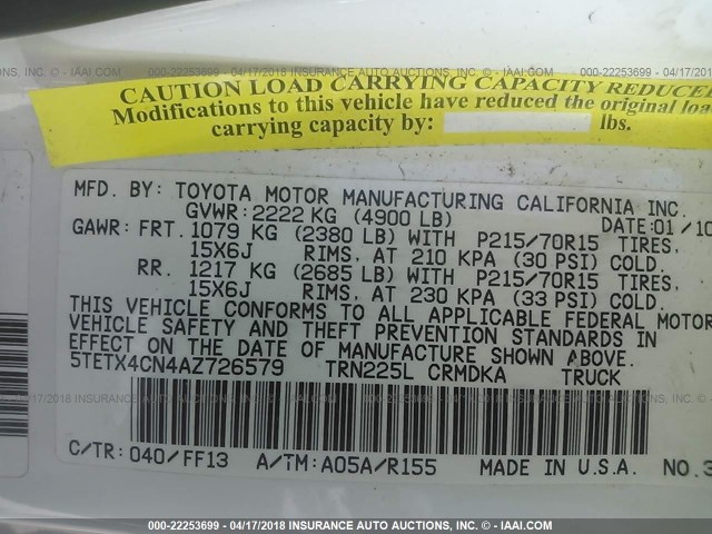 5TETX4CN4AZ726579 - 2010 TOYOTA TACOMA ACCESS CAB Weiß Foto 9