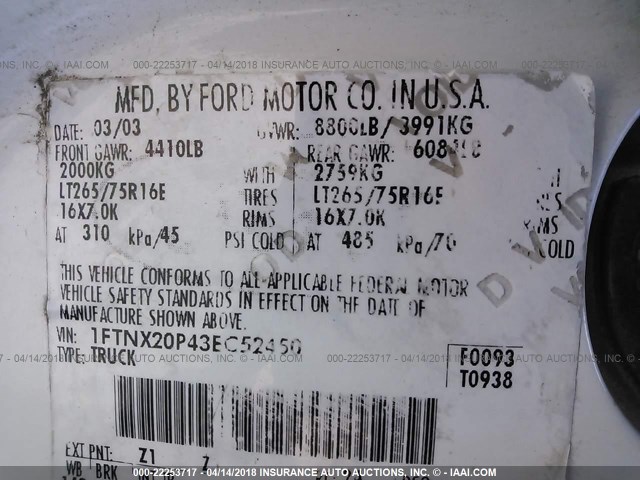 1FTNX20P43EC52450 - 2003 FORD F250 SUPER DUTY WHITE photo 9