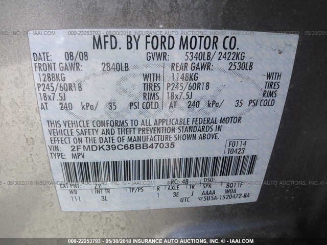 2FMDK39C68BB47035 - 2008 FORD EDGE LIMITED SILVER photo 9