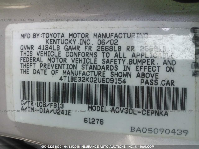 4T1BE32K02U609154 - 2002 TOYOTA CAMRY LE/XLE/SE Champagne photo 9