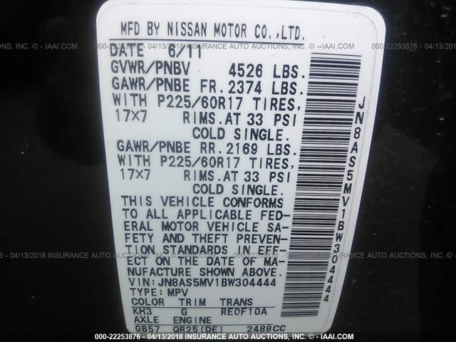 JN8AS5MV1BW304444 - 2011 NISSAN ROGUE S/SV/KROM BLACK photo 9