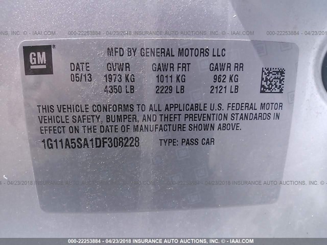 1G11A5SA1DF308228 - 2013 CHEVROLET MALIBU LS 银色 照片 9