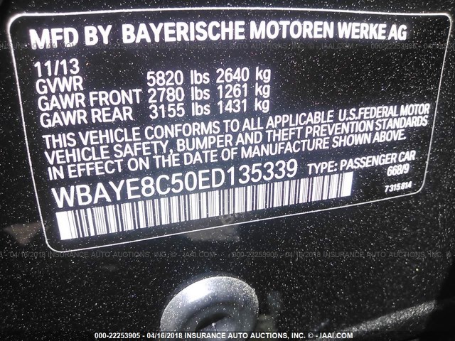 WBAYE8C50ED135339 - 2014 BMW 750 LI BLACK photo 9