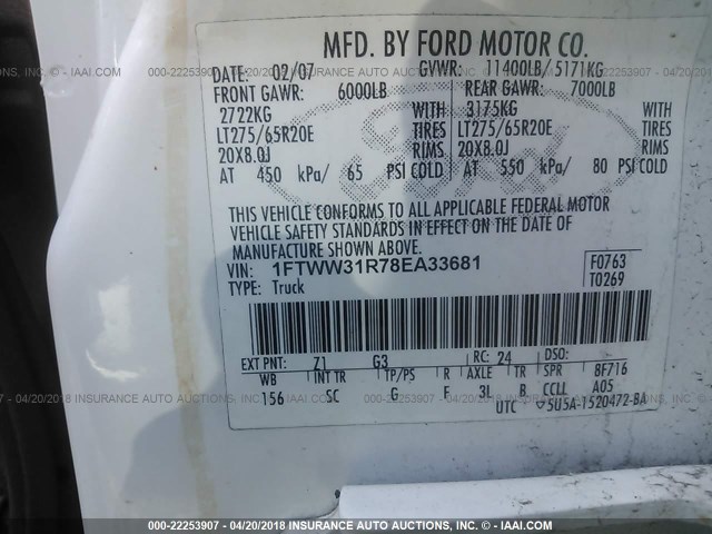 1FTWW31R78EA33681 - 2008 FORD F350 SRW SUPER DUTY WHITE photo 10