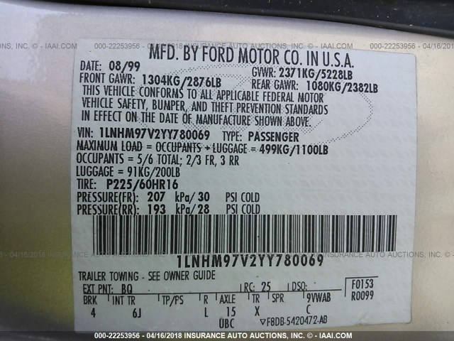 1LNHM97V2YY780069 - 2000 LINCOLN CONTINENTAL  Қоңыр фото 9